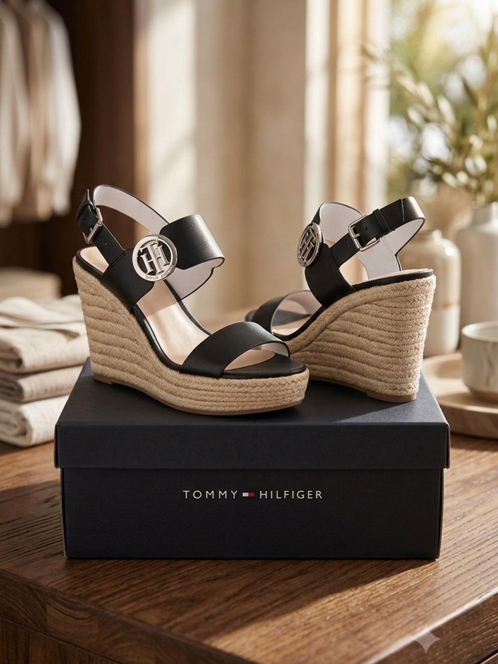 Tommy Hilfiger Black Leather Espadrille Wedge Sandals with Logo Medallion